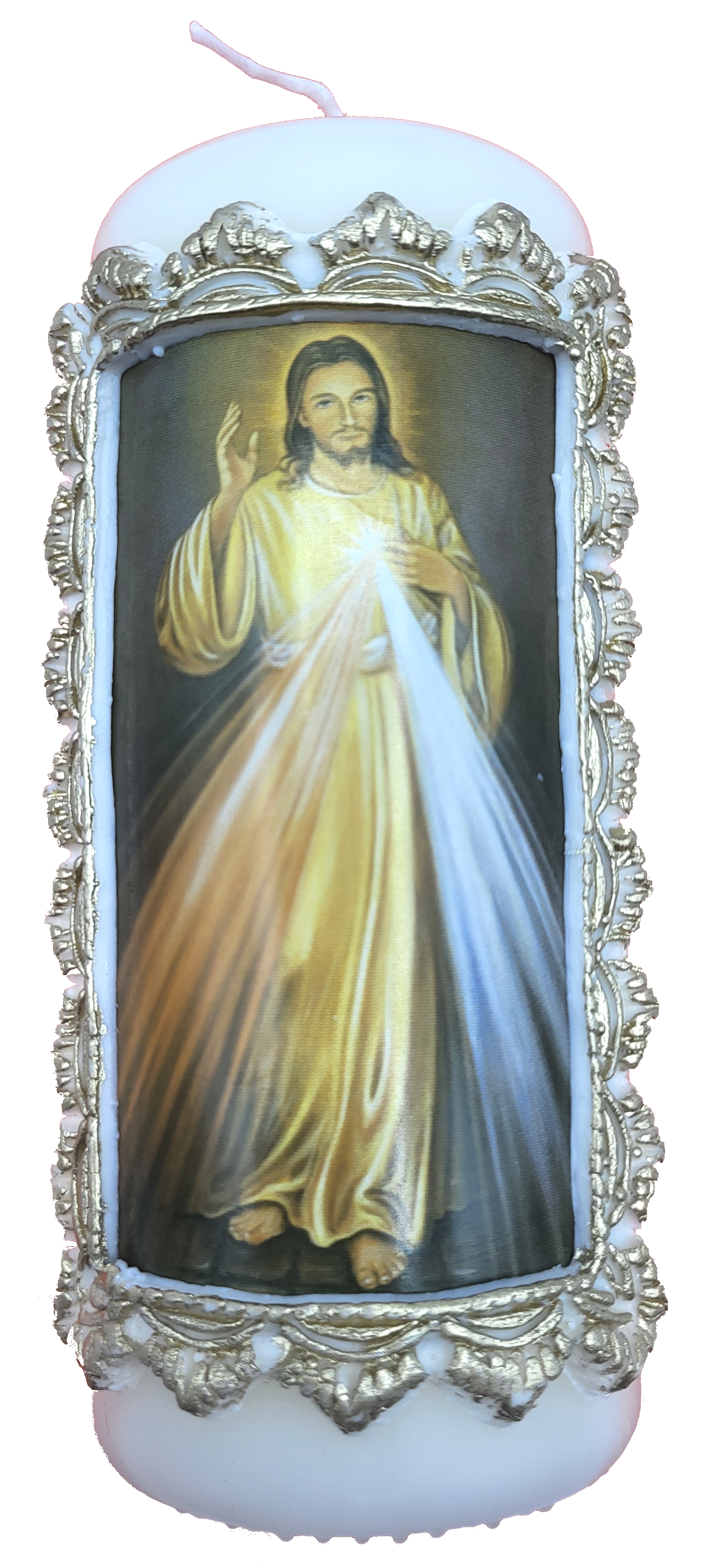 Kerze „Barmherziger Jesus“ mit barockem Rahmen